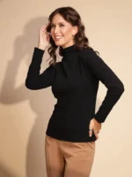Women Black Full Sleeve Turtle Neck Knit Skivvy