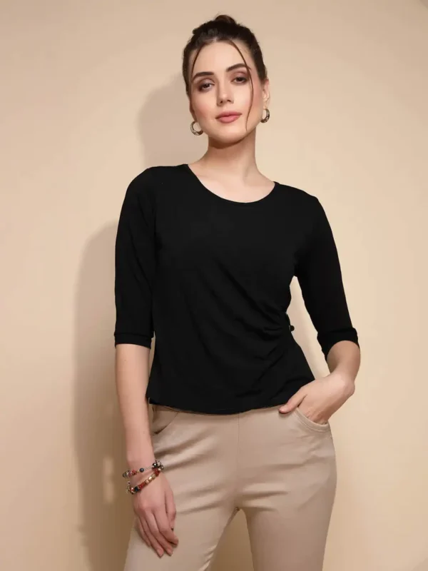 SM3027074_2 Black Three Quarter Sleeve Round Neck Knit Top - Image 1