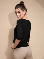 Black Three Quarter Sleeve Round Neck Knit Top - Image 3