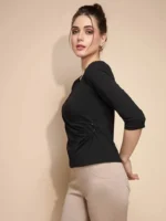 Black Three Quarter Sleeve Round Neck Knit Top - Image 4