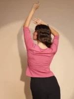 Solid Pink Quarter Sleeve Round Neck Knitted Top - Image 2