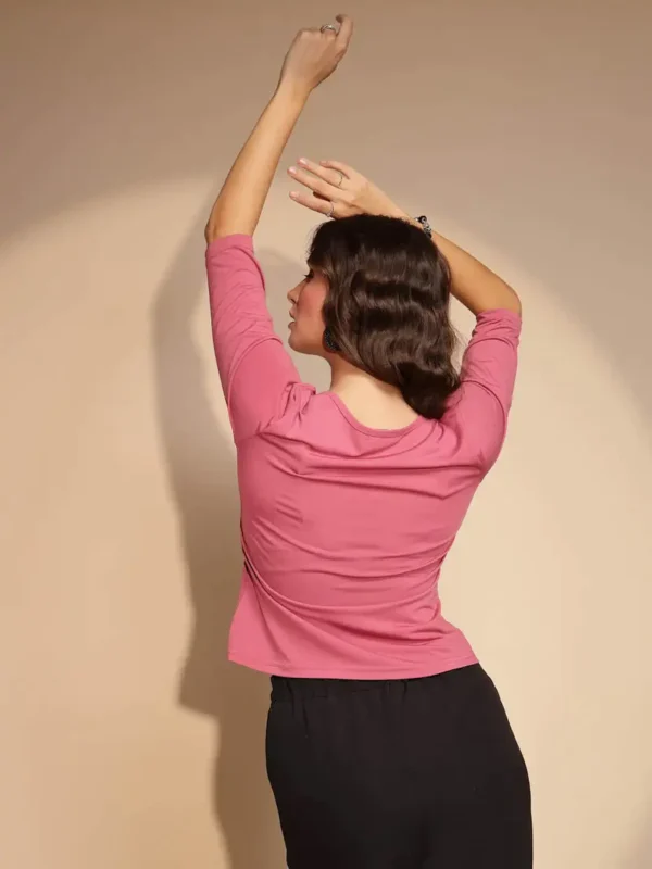 Solid Pink Quarter Sleeve Round Neck Knitted Top - Image 2