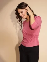Solid Pink Quarter Sleeve Round Neck Knitted Top - Image 3