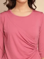 Solid Pink Quarter Sleeve Round Neck Knitted Top - Image 5