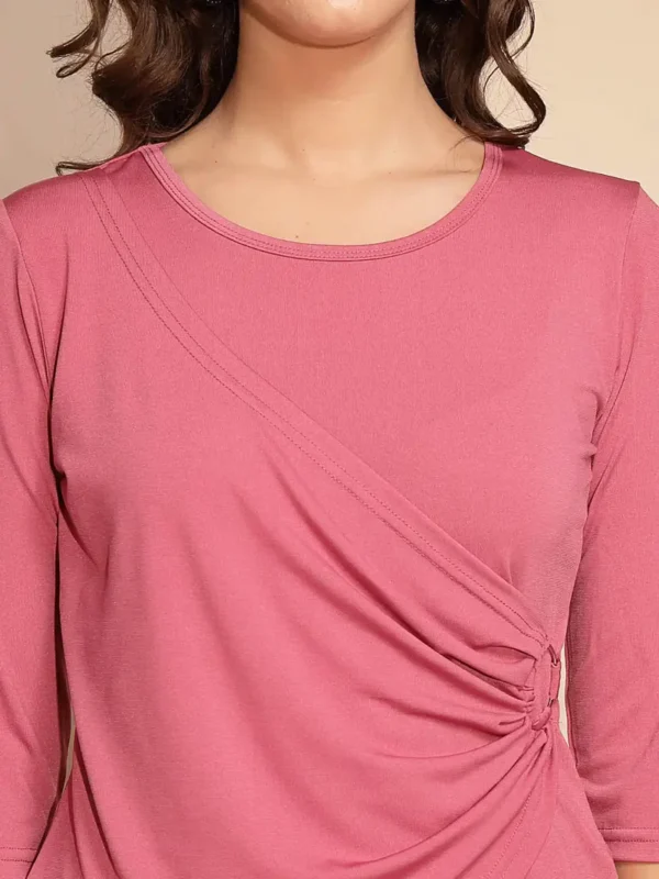 Solid Pink Quarter Sleeve Round Neck Knitted Top - Image 5