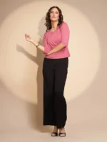 Solid Pink Quarter Sleeve Round Neck Knitted Top - Image 6