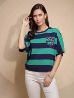 Green Striped Half Sleeve Round Neck Top