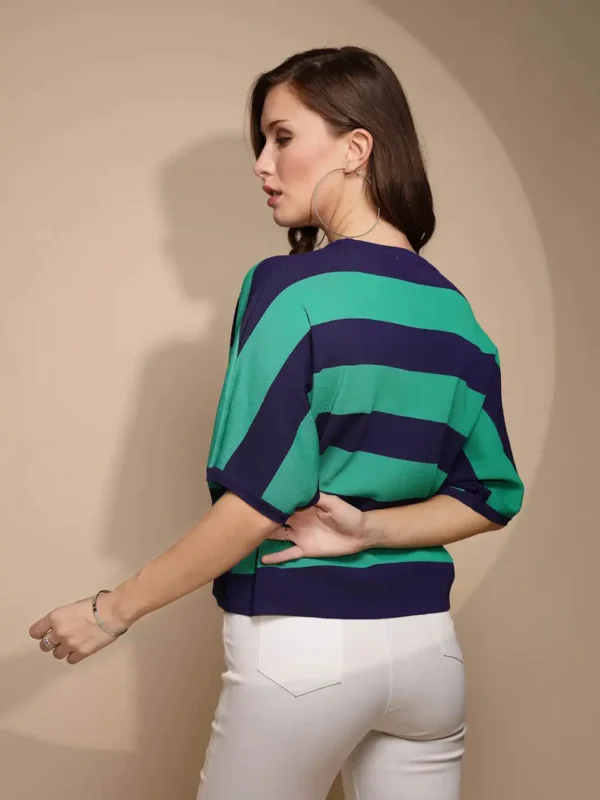 Green Striped Half Sleeve Round Neck Top - Image 2