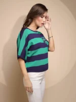 Green Striped Half Sleeve Round Neck Top - Image 4