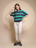 Green Striped Half Sleeve Round Neck Top - Image 5