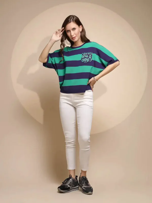 Green Striped Half Sleeve Round Neck Top - Image 5
