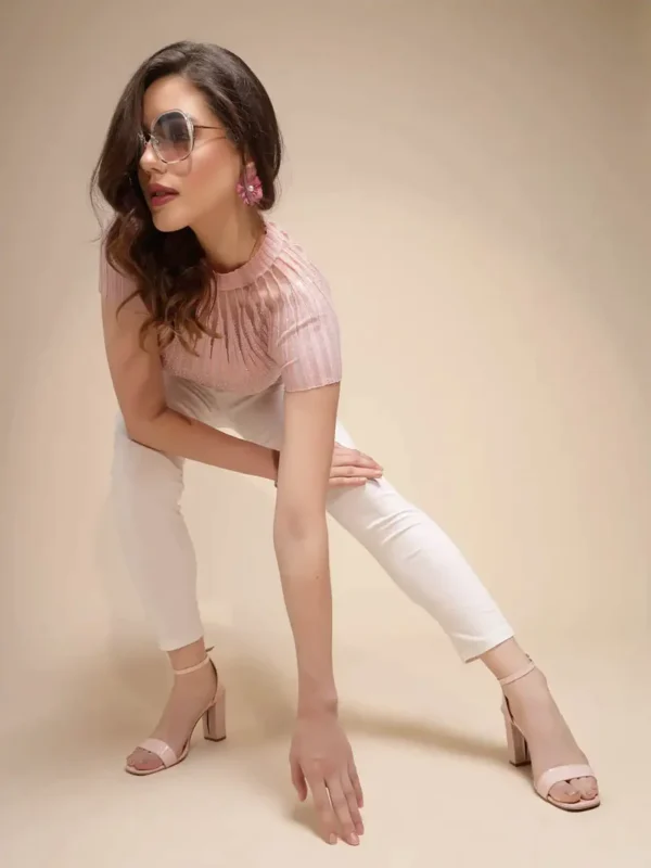 Pink Embellished Half Sleeve Round Neck Top_FREE SIZE - Image 2