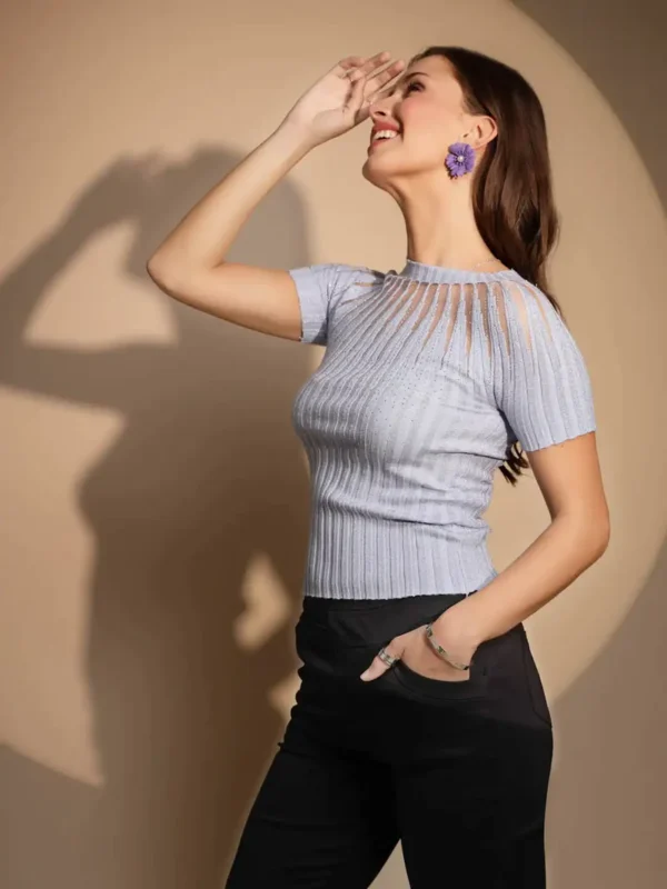 Blue Embellished Half Sleeve Round Neck Top_FREE SIZE - Image 8