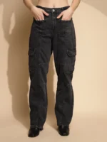 Women Iron Grey Solid Polycotton High Rise Loose Fit Jeans