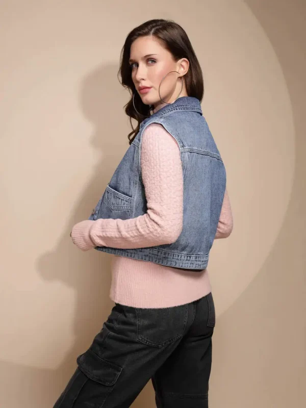 Women's Solid Collared Neck Blue Jacket - Image 6