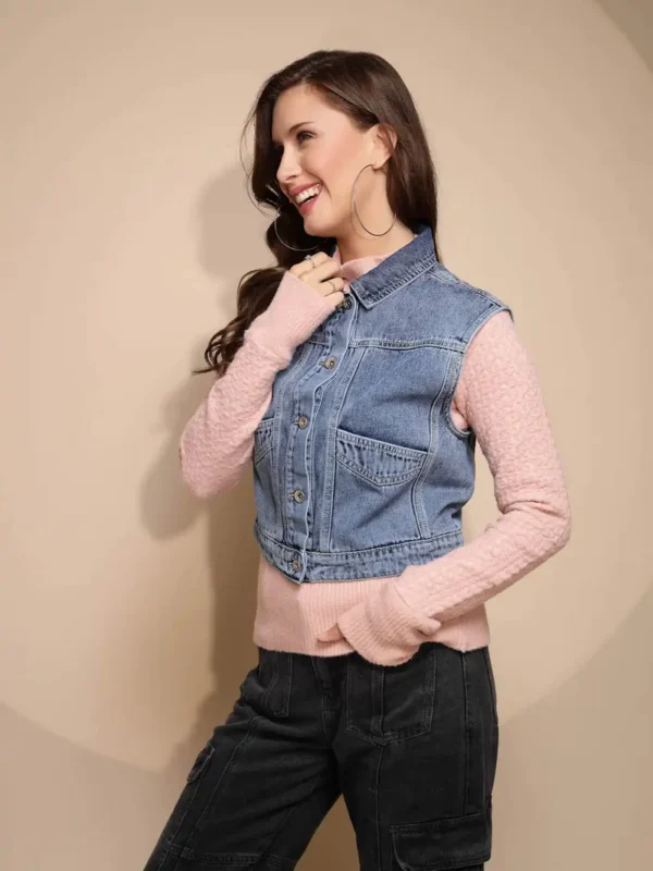 Women's Solid Collared Neck Blue Jacket - Image 5