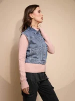 Women's Solid Collared Neck Blue Jacket - Image 4