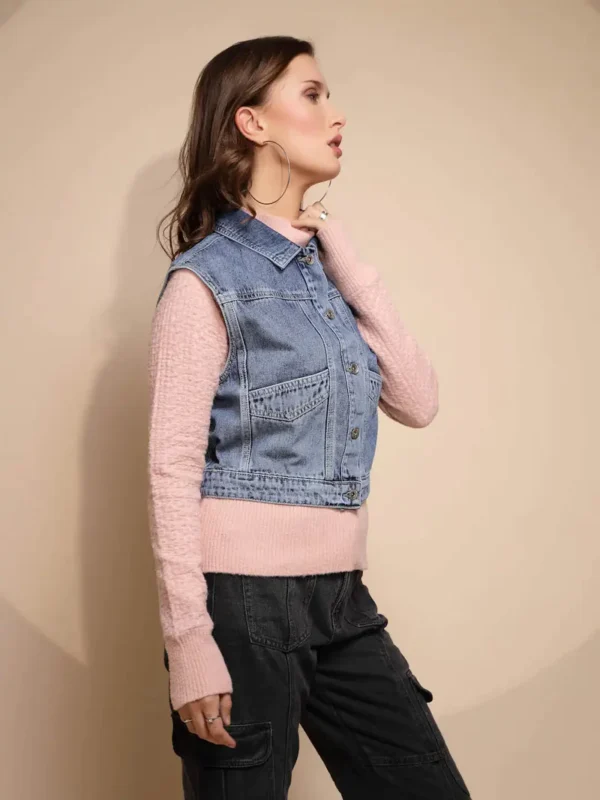 Women's Solid Collared Neck Blue Jacket - Image 4