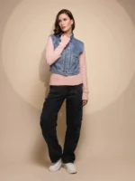 Women's Solid Collared Neck Blue Jacket - Image 3