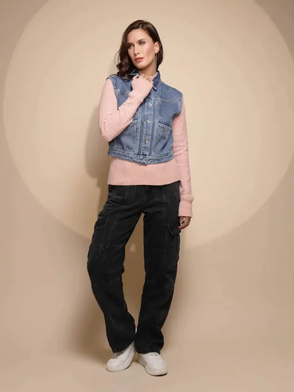 Women's Solid Collared Neck Blue Jacket - Image 3