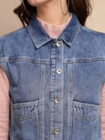 Women's Solid Collared Neck Blue Jacket - Image 2