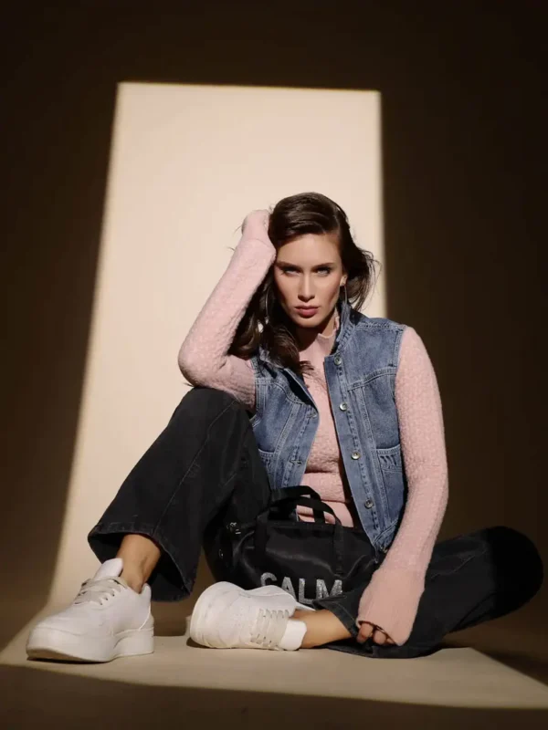 Women's Solid Collared Neck Blue Jacket - Image 8