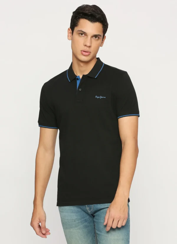 PEPE JEANS RIBBED COLLAR SHORT SLEEVE BLACK  POLO TSHIRT - Image 2