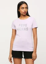 Short Sleeves Round Neck Women Regular Fit T-Shirt, Lilac Print Ladies Casual Embellished Tshirt - Image 6