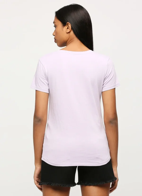 Short Sleeves Round Neck Women Regular Fit T-Shirt, Lilac Print Ladies Casual Embellished Tshirt - Image 7