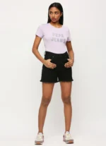 Short Sleeves Round Neck Women Regular Fit T-Shirt, Lilac Print Ladies Casual Embellished Tshirt