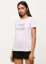 Short Sleeves Round Neck Women Regular Fit T-Shirt, Lilac Print Ladies Casual Embellished Tshirt - Image 4