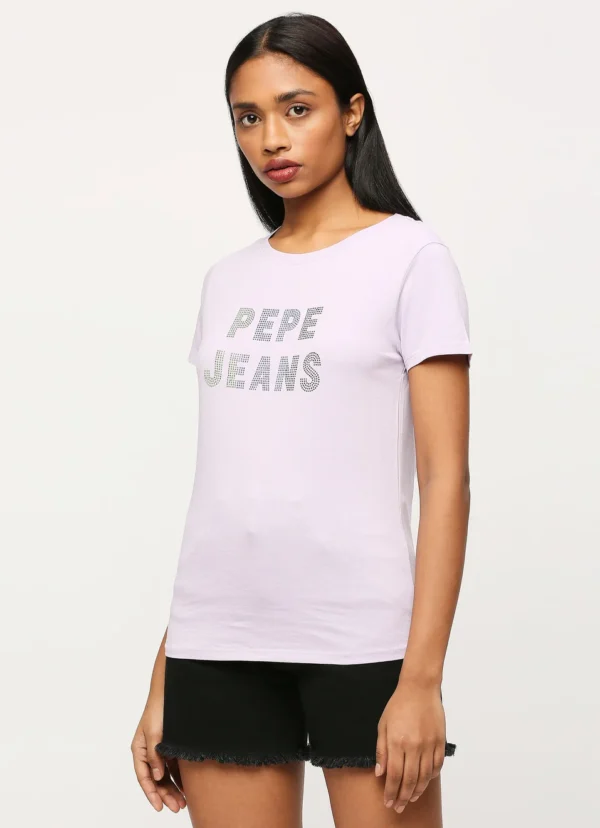 Short Sleeves Round Neck Women Regular Fit T-Shirt, Lilac Print Ladies Casual Embellished Tshirt - Image 4