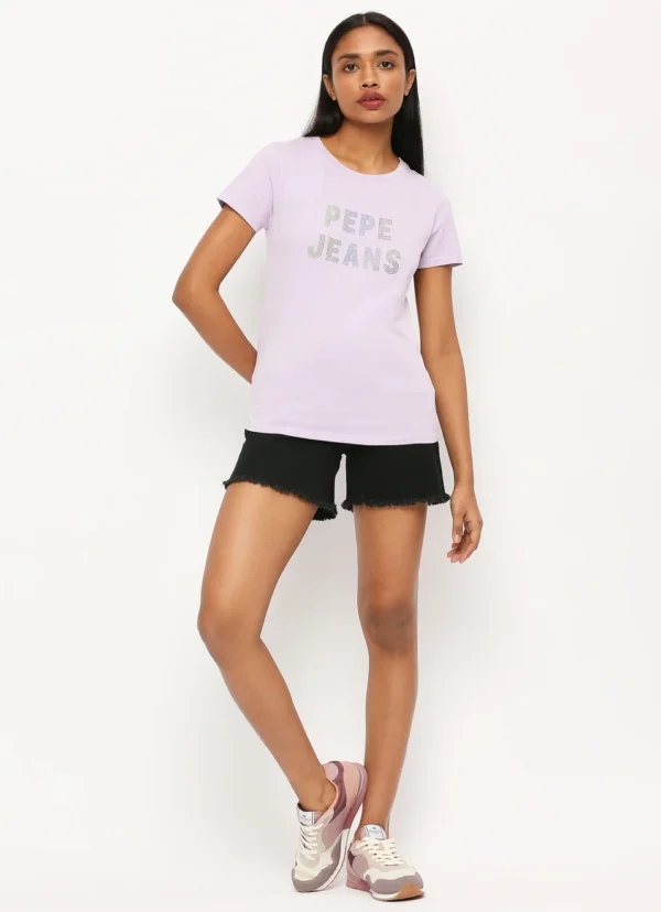 Short Sleeves Round Neck Women Regular Fit T-Shirt, Lilac Print Ladies Casual Embellished Tshirt - Image 2