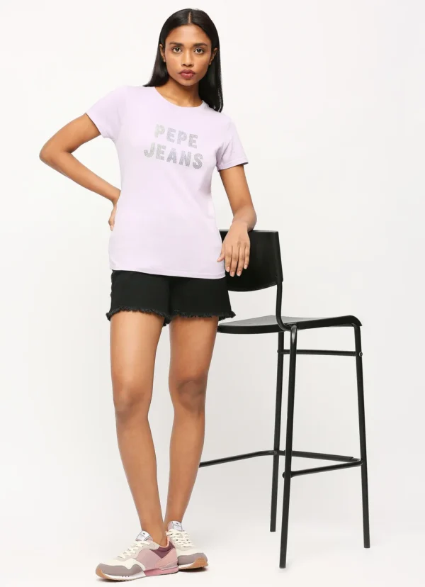Short Sleeves Round Neck Women Regular Fit T-Shirt, Lilac Print Ladies Casual Embellished Tshirt - Image 3