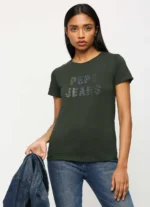 Lilac Print Ladies Casual Embellished Tshirt,Short Sleeves Round Neck Women Regular Fit T-Shirt Olive - Image 2