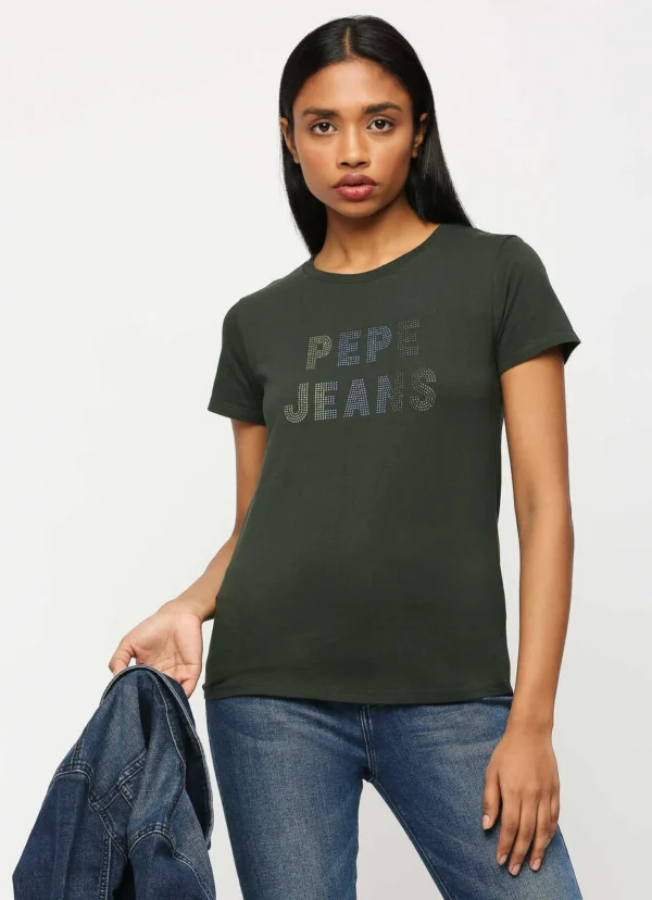8905875008514_1 Lilac Print Ladies Casual Embellished Tshirt,Short Sleeves Round Neck Women Regular Fit T-Shirt Olive - Image 2