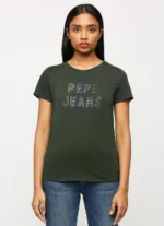 Lilac Print Ladies Casual Embellished Tshirt,Short Sleeves Round Neck Women Regular Fit T-Shirt Olive - Image 3