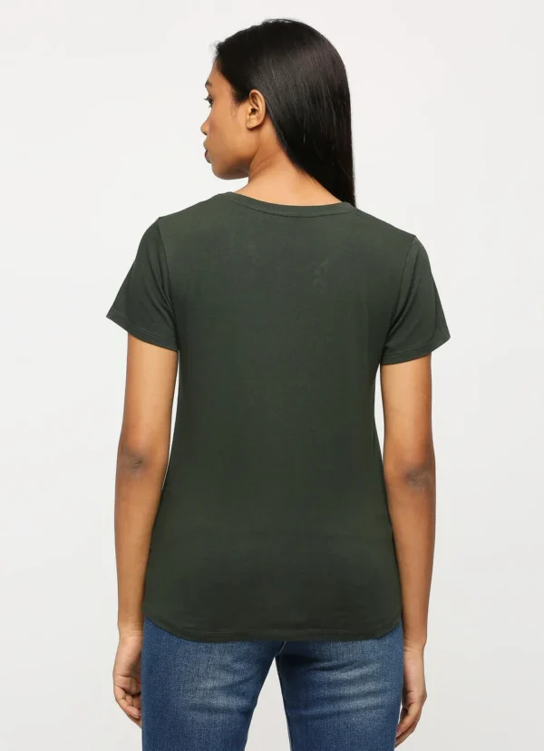 8905875008514_3 Lilac Print Ladies Casual Embellished Tshirt,Short Sleeves Round Neck Women Regular Fit T-Shirt Olive - Image 4