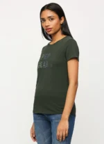 Lilac Print Ladies Casual Embellished Tshirt,Short Sleeves Round Neck Women Regular Fit T-Shirt Olive - Image 5