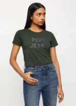 Lilac Print Ladies Casual Embellished Tshirt,Short Sleeves Round Neck Women Regular Fit T-Shirt Olive