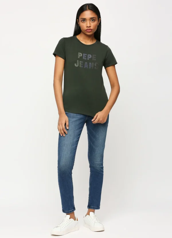 8905875008514_7 Lilac Print Ladies Casual Embellished Tshirt,Short Sleeves Round Neck Women Regular Fit T-Shirt Olive - Image 7