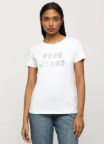 Lilac Print Ladies Casual Embellished Tshirt,Short Sleeves Round Neck Women Regular Fit T-Shirt White