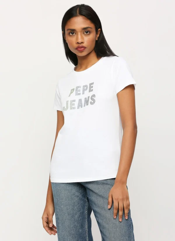 8905875008552_7 Lilac Print Ladies Casual Embellished Tshirt,Short Sleeves Round Neck Women Regular Fit T-Shirt White - Image 7