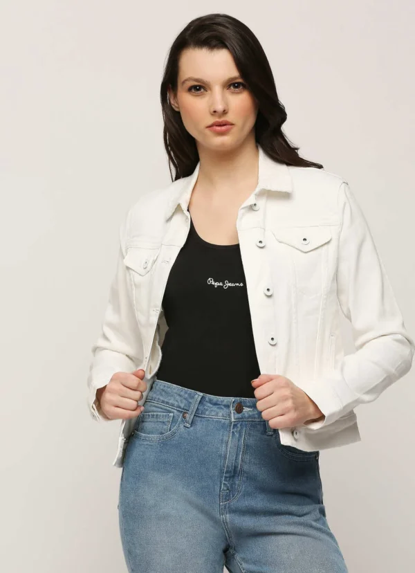 8905875014300_1 Pepe Jeans Women White Front Pocket Solid Denim Jacket/Ladies Jacket - Image 1