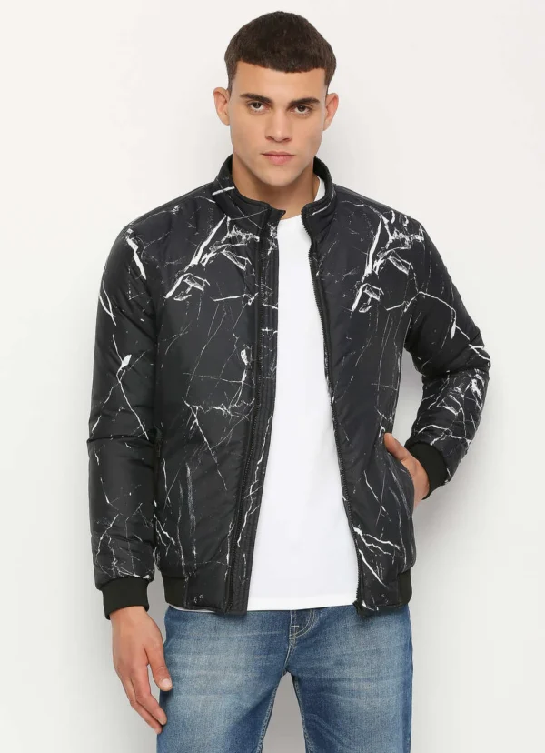 8905875042587_1 PEPE JEANS BLACK ALL OVER MARBLE PRINTED PUFFER JACKET - Image 1