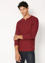 PEPE JEANS HENLEY NECK FULL SLEEVE BURGUNDY T-SHIRT
