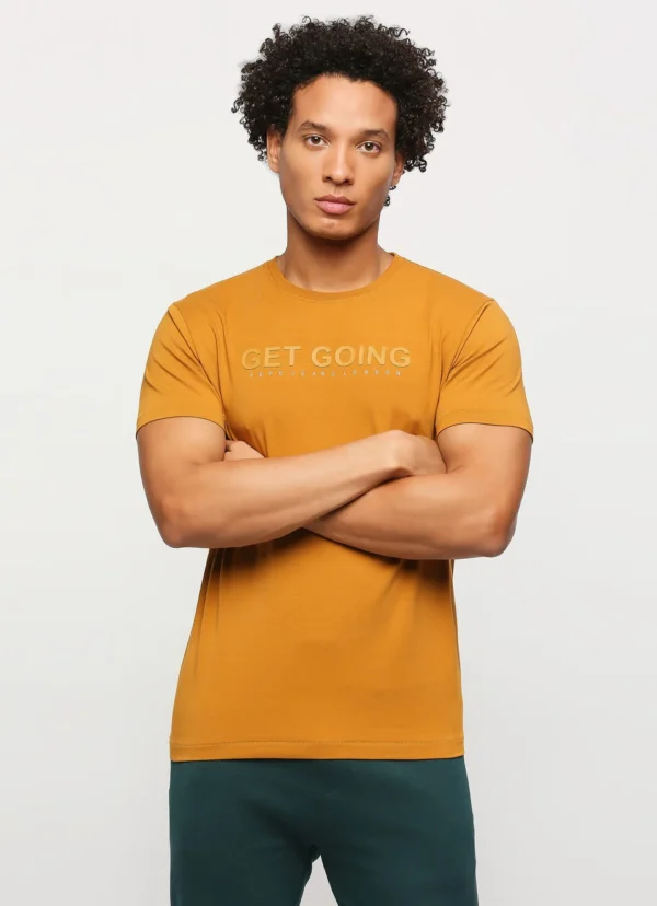 PEPE JEANS MUSTARD CREW NECK SHORT SLEEVE TYPOGRAPHY PRINTED SLIM FIT T-SHIRT - Image 2