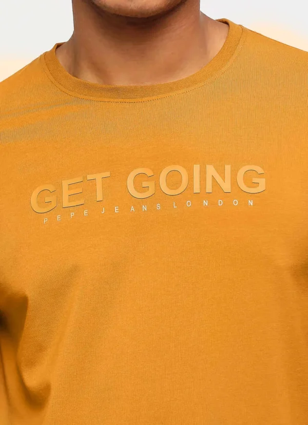 PEPE JEANS MUSTARD CREW NECK SHORT SLEEVE TYPOGRAPHY PRINTED SLIM FIT T-SHIRT - Image 6