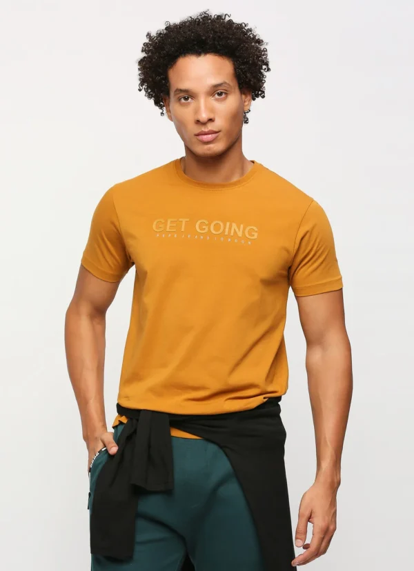 PEPE JEANS MUSTARD CREW NECK SHORT SLEEVE TYPOGRAPHY PRINTED SLIM FIT T-SHIRT - Image 1