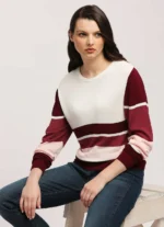 Burgundy Striped Pullover Full Sleeves Knit Top Sweater - Image 8